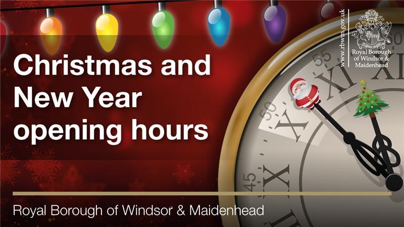 Christmas baubles next to a clock. Christmas and New Year opening hours. Royal Borough of Windsor and Maidenhead